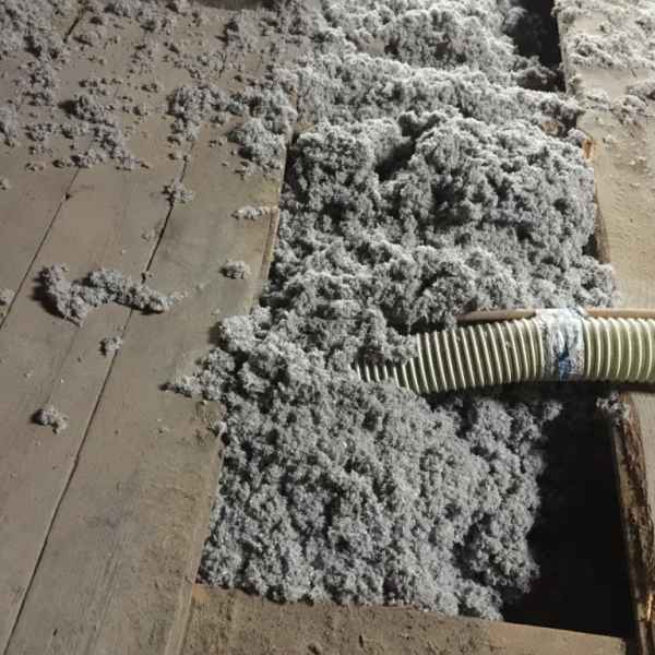 Verfüllen der Holzbalkendecken mit Zellulose.